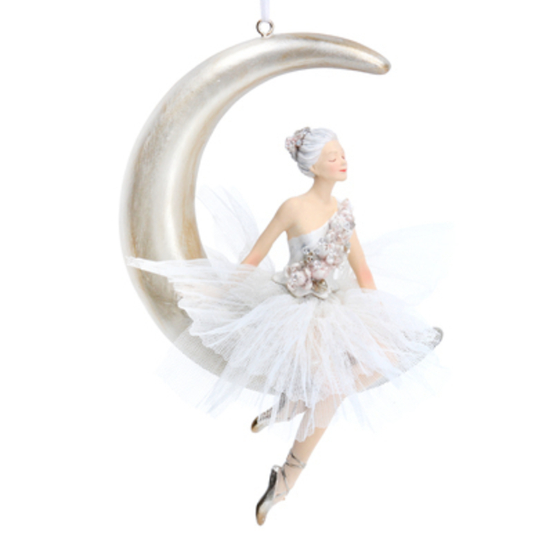 Elegant ballerina sitting on the moon Christmas tree hanging decoration by Gisela Graham would look lovely on your tree this Christmas.  This large decorative ornament by Gisela Graham is made from resin and will delight for years to come. It will compliment any Christmas tree and will bring Christmas cheer to children at Christmas time year after year. Remember Booker Flowers and Gifts for Gisela Graham Christmas Decorations. 
